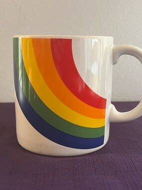 White Ceramic Mug with Rainbow Stripe Design Vintage 1980s 80s